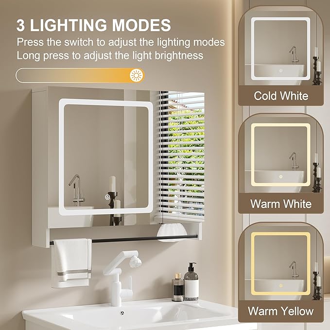 ChooChoo Bathroom Medicine Cabinet with Mirror, Modern Mirror Cabinet with LED Lights, Bathroom Wall Cabinet with Adjustable Shleves, Towel Bar, White