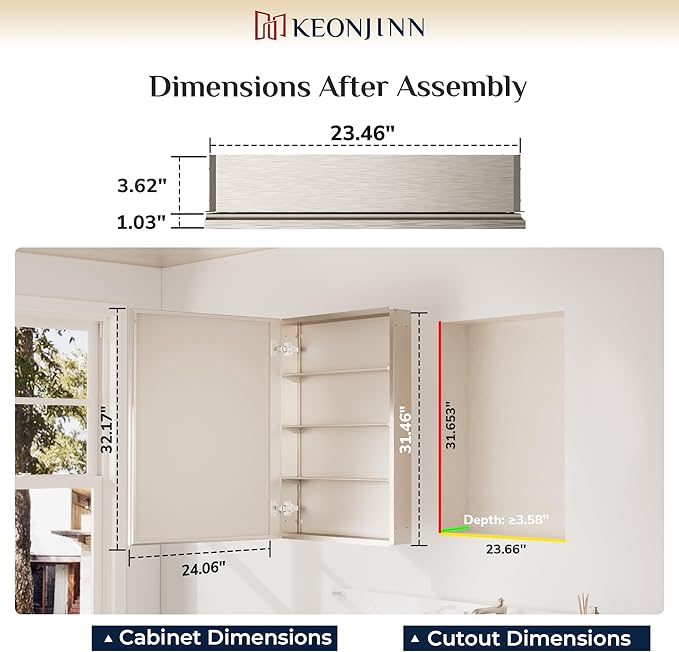 Keonjinn Brushed Nickel Medicine Cabinet Mirror 24" x 32", Assembly Needed, Recessed Medicine Cabinet with Mirror for Bathroom, Beveled Framed, Surface Wall-Mounted or Recessed, Tempered Glass