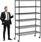 6-Tier Storage Shelves 45" x 18" x 82" Heavy Duty Metal Shelving Unit 2100Lb Capacity Adjustable Storage Racks with Wheels NSF Garage Wire Shelf for Basement Commercial, Black