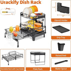 Dish Drying Rack - Extendable Dish Drainer, Large Dish Rack for Kitchen Counter, Rustproof Dish Strainer with Utensil Holder and Cups Holder, 2 Tier Black