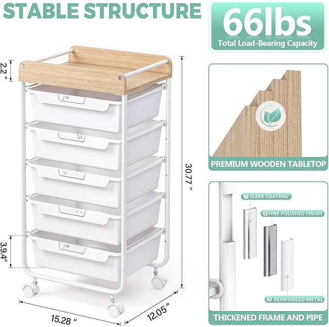 6 Drawer Rolling Cart for Craft Storage,Utility Drawer Organizer with Handle and Wooden Top, Storage on wheels for Office, Classroom,Laundry，Garage, Snack,Art Supply,White