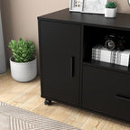 Panana Wood File Cabinet with Lock, 1-Drawer Wooden Office Lateral Filing Cabinet on Wheels Mobile Printer Stand with Open Storage Shelf for Letter/Legal/A4 Size Files (Black1)