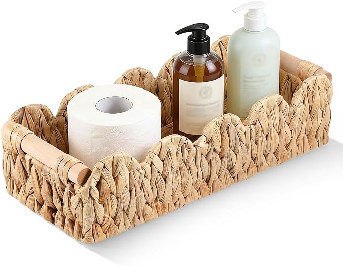 Toilet Paper Storage Basket Wicker Bathroom Basket Water Hyacinth Counter Organizer Toilet Tank Top Storage Shelf Cute Woven Scalloped Decor for Living Room Home Bathroom