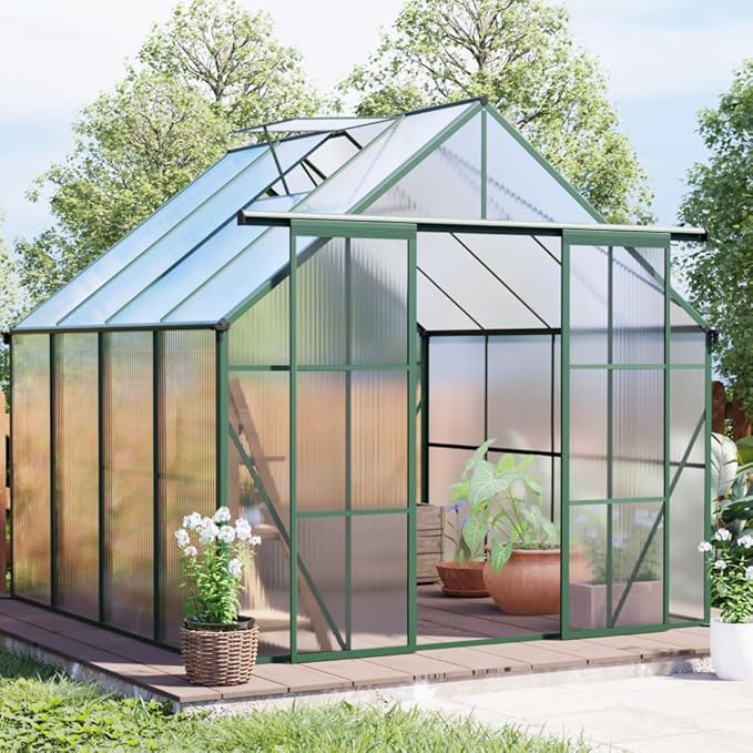 Heavy-Duty Walk-in Polycarbonate Greenhouse with Dual Sliding Doors, Adjustable Roof Ventilation, and Galvanized Steel Base for Year-Round Outdoor Gardening (Green 8*8FT)
