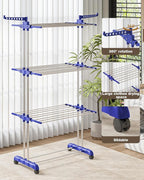 Bigzzia Clothes Drying Rack, Folding Stainless Steel Drying Rack Clothing Indoor Outdoor, Space-Saving, 4 Tier Laundry Drying Rack with Two Side Wings Grey Blue