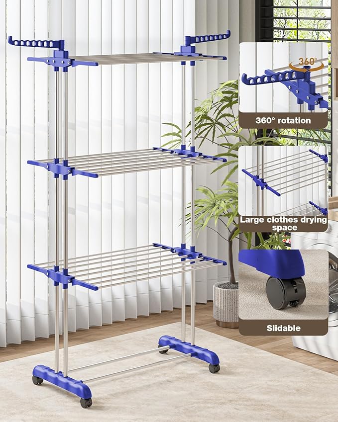 Bigzzia Clothes Drying Rack, Folding Stainless Steel Drying Rack Clothing Indoor Outdoor, Space-Saving, 4 Tier Laundry Drying Rack with Two Side Wings Grey Blue