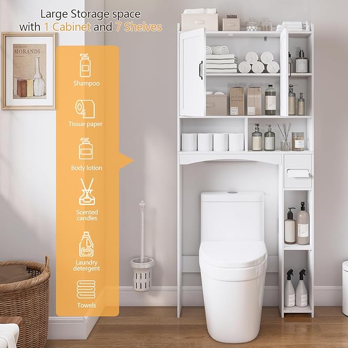Over The Toilet Storage Cabinet, Over Toilet Bathroom Organizer, Bathroom Storage cabinets with Anti Tipping Devices, Storage cabinets with Toilet Paper Holders, for Bathroom, Laundr（White）
