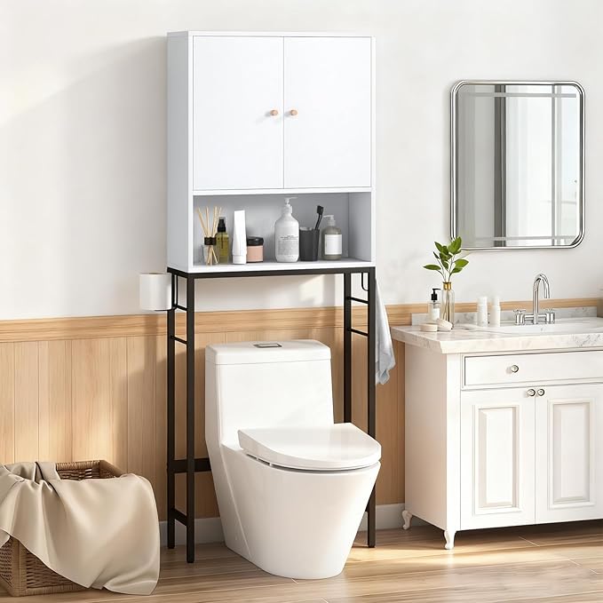 Giantex Over The Toilet Storage Cabinet, Bathroom Space Saver W/Toilet Paper Holder & Hook, Adjustable Shelf & Bottom Bar, Open Storage Cube, Over Toilet Bathroom Organizer for Laundry, Restroom