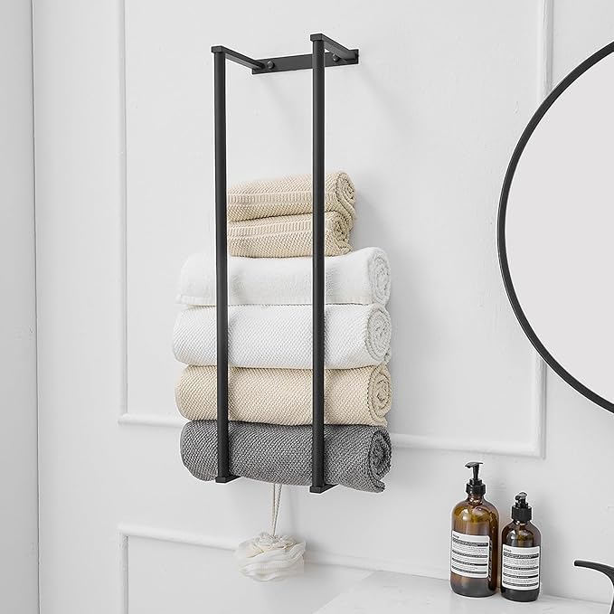 BWE Matte Black Towel Racks for Bathroom, 28" Stainless Steel Bathroom Towel Holder for Rolled Towels, Wall Mounted Towel Storage for Bathroom with 2 Hooks, 6 Large Bath Towels Capacity