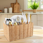 Silverware Organizer,Hand-Woven Wicker Kitchen Utensil Caddy with 4 Compartments,Cutlery Holder for Party Camping,Flatware Spoon Condiment Basket,Utensil Holder for Kitchen Counter with Handle