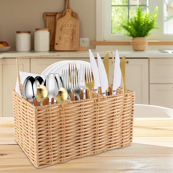 Silverware Organizer,Hand-Woven Wicker Kitchen Utensil Caddy with 4 Compartments,Cutlery Holder for Party Camping,Flatware Spoon Condiment Basket,Utensil Holder for Kitchen Counter with Handle