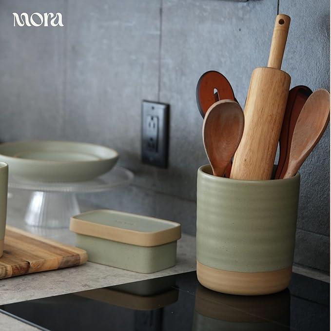 Mora Ceramic Kitchen Utensil Holder - Wooden Spoon & Spatula Crock for Countertop, Modern Farmhouse Home Decor, Extra Large 7.3" Cooking Organizer for Stove Top and Counter - Heavy & Sturdy - Thyme