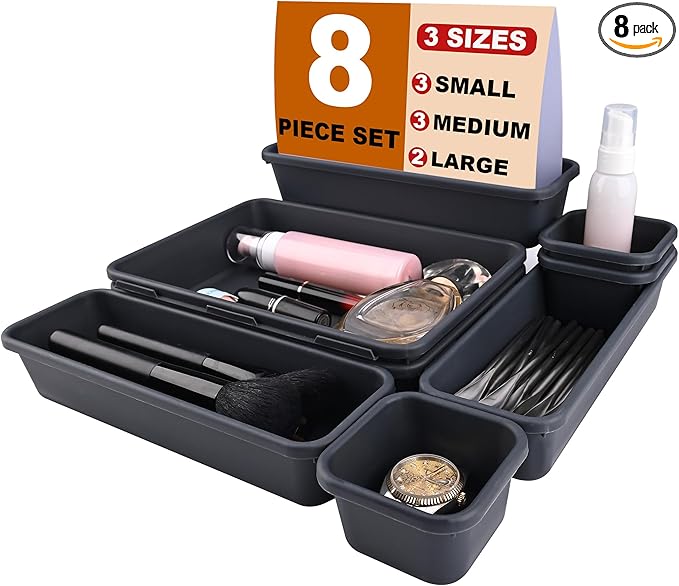 QUELIEN Desk Drawer Organizer Tray Set, 8PCS Plastic Drawer Organizer Bins for Office, Makeup, Kitchen - Gray Blue Desk Organizer with Flexible Interlocking Design for Efficient (Gray Blue, 8PCS)