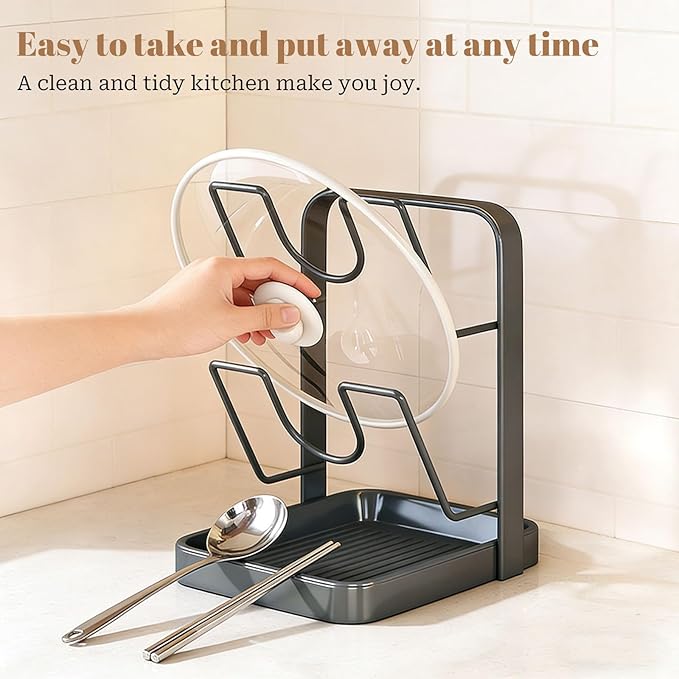 304 Stainless Steel Kitchen Pot Lid Storage Rack, Pot Lid Holder while Cooking, Pot Lid Organizer with Removable Tray & Spoon Rest,Waterproof & Rustproof(Beige, 2 Layer)
