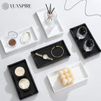 Luxspire Bathroom Vanity Tray, Mini Soap Dispenser, Small Ceramic Perfume and Jewelry Dish, Trinket Holder, Rectangle Candle Tray, Bath Organizer Kitchen Sink Narrow Dish, White