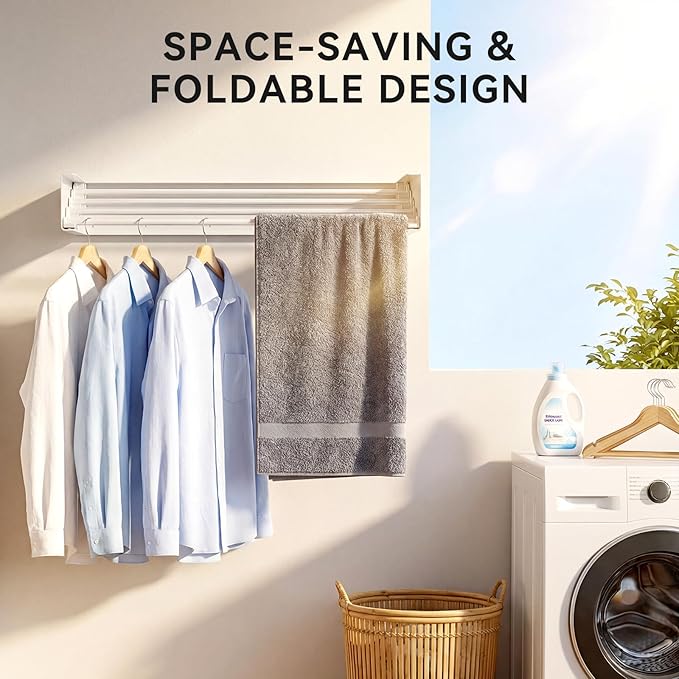 Wall Mounted Clothes Drying Rack - Heavy Duty 5-Rod Retractable Clothing Drying Rack, 60LBS Capacity Tiered Laundry Hanger, Large Foldable Dryer Racks for Indoor