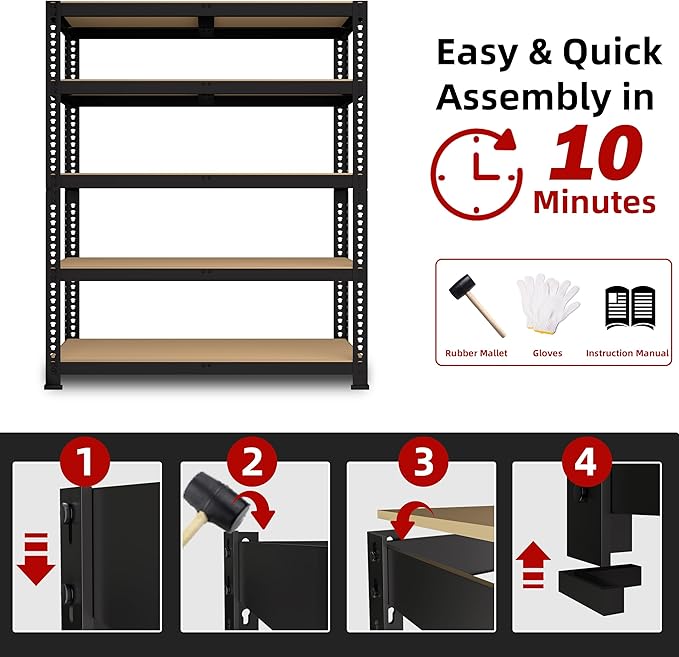 35.5" W x 16" D x 71" H Adjustable Garage Storage Shelves - 5-Shelf Heavy Duty Shelving Unit, Metal Utility Storage Organizer Racks for Warehouse Pantry Closet Kitchen, Black
