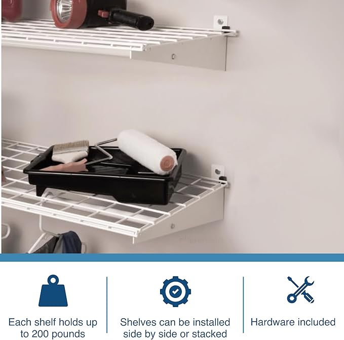 Hyloft 00630 2-Pack Heavy Duty Steel Wall Garage Shelving, 48-Inch X 24-Inch Wall Mounted Shelves for Garage Storage, Low-Profile Brackets, Max Shelf Load 150 Pounds, White Powder Coated Finish