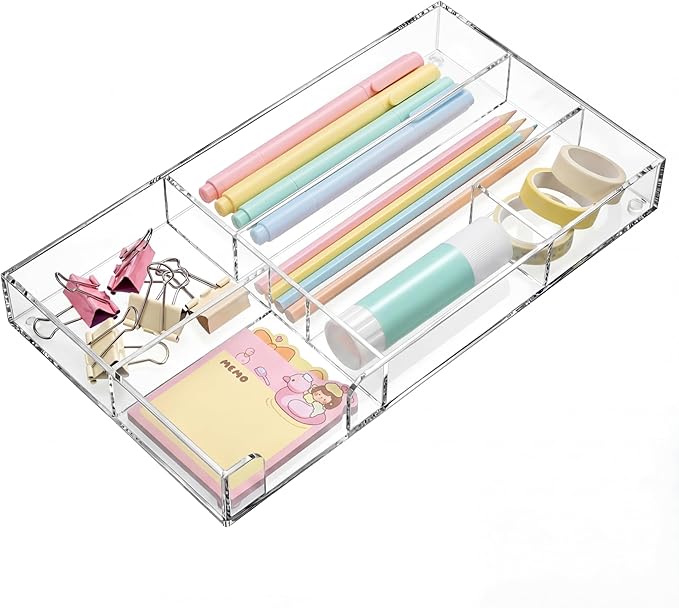 Clear Acrylic Desk Drawer Organizer 11 x 6.1 x 1.38 Inch Storage Tray Organizer for Pens, Stationery, Desktop, Office, Bathroom, Kitchen, Makeup Supplies (6 Compartments)