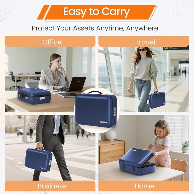 Fireproof Document Box with Lock, 5200°F Fireproof Water Resistant Hard Case File Organizer Safe Box for Important Documents, Certificates, Laptop, Passports (Blue)