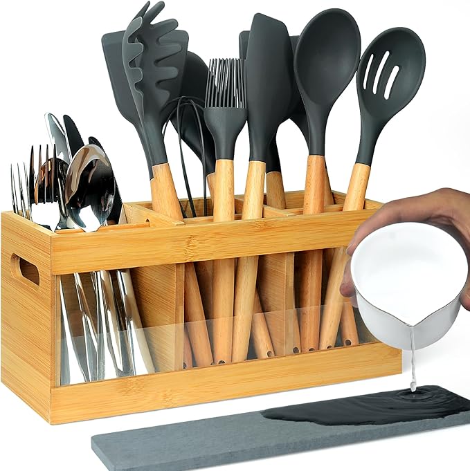 Kitchen Utensil Holder for Counter Extra Large Bamboo Wooden Utensil Organizer with 6 Compartments Cooking Utensil Holder Storage for Silverware Spoons Farmhouse Kitchen Decor (Absorbing Drying Stone)
