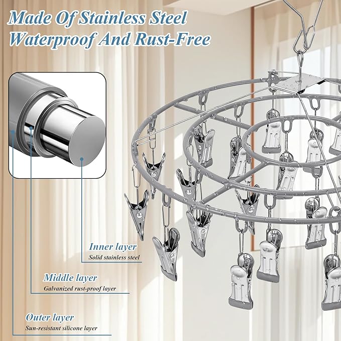 3 Pack Stainless Steel Foldable Round Hanging Drying Rack with 24 Clips, Swivel Hook Wind-Proof Clothes Hanger, Clothes Drying Rack for Laundry, Sock, Bras, Underwear, Laundry Accessories