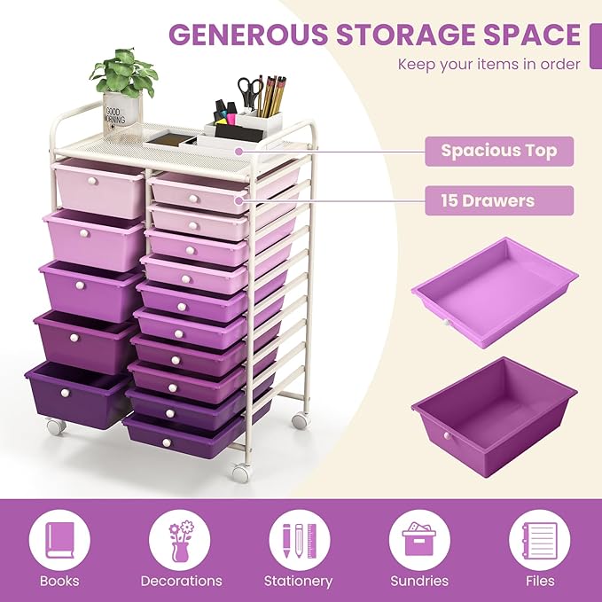 LUARANE Rolling Cart with 15 Drawers, Craft Storage Cart with Portable Handles & Lockable Wheels, Mobile Toys Organizer, Large Capacity Utility Drawer Cart Home Office School Teacher (Gradient Purple)