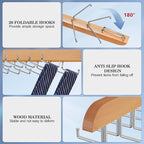 Tie Rack Hanger for Closet 20 Foldable Hooks, 2 Pack Wooden Non Slip Large Capacity Space Saving Tie and Belt Organizer with 360°Rotating Hooks for Tank Tops Bras Scarves Hat