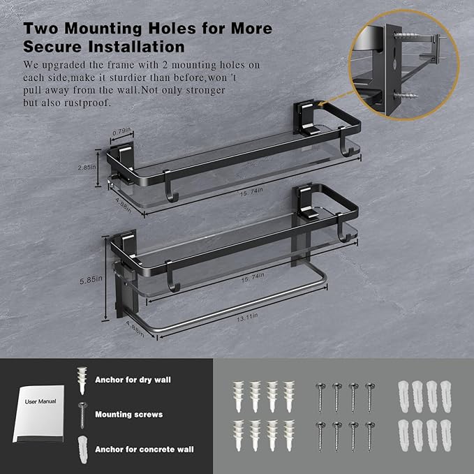 VOLPONE Glass Shelf for Bathroom 15.7 in Black Bathroom Shelves Wall Mounted Tempered Glass Shelving with 4 Removable Hooks (2 Tier)