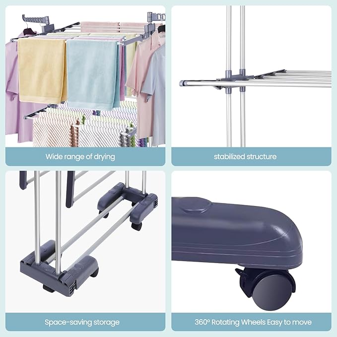 Clothes Drying Rack Foldable Drying Rack Clothing,Oversize 4 Tier(70" High) Clothes Horses Stainless Steel Laundry Drying Rack with Collapse Base& 24 Poles for Clothing&Bed Linen,Gray