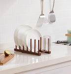 HBlife 4pcs 6 Slots Teak Dish Plate Bowl Cup Book Pot Lid Cutting Board Drying Rack Stand Drainer Storage Holder Organizer Kitchen Cabinet（Keep Dry）