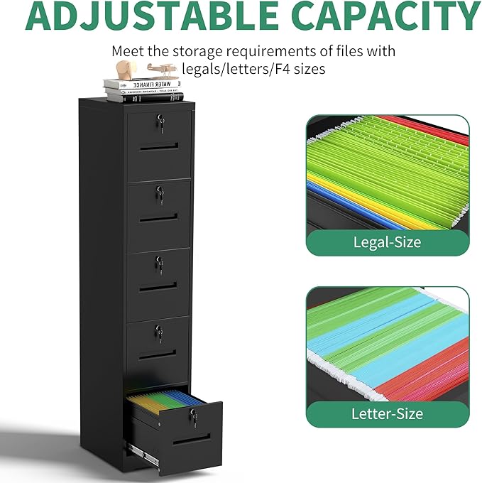 File Cabinet 5 Drawer with Lock, Vertical Filing Cabinets for Home Office, Metal Steel Storage Cabinet for Letter/Legal Size File, Assembly Required(Black)