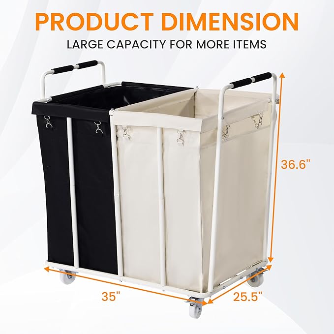 280L 2 Section Laundry Sorter Cart, Rolling Heavy Duty Laundry Sorter, Large Laundry Hamper with Removable Bags for Laundry Room, Bathroom, Hotel, Black & Beige