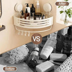 No-Drilling Corner Suction Cup Shower Caddy(1-Pack Cream White),Rust-Proof and Durable Bathroom Organizer with Towel Bar & Hooks,Modern Large-Capacity Wall-Mounted Shower Shelf
