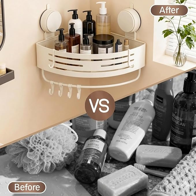 No-Drilling Corner Suction Cup Shower Caddy(1-Pack Cream White),Rust-Proof and Durable Bathroom Organizer with Towel Bar & Hooks,Modern Large-Capacity Wall-Mounted Shower Shelf