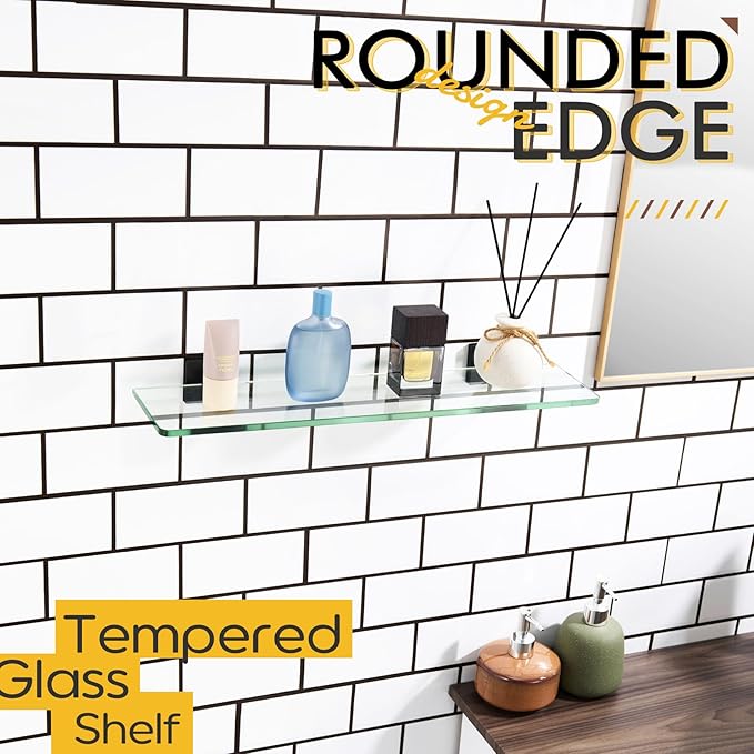 KOKOSIRI Bathroom Shelves Wall Mount Tempered Glass Floating Shelf 20-Inch Kitchen Hanging Rack Shower Storage, 2 Pack Black Stainless Steel B1107BK-L20-P2