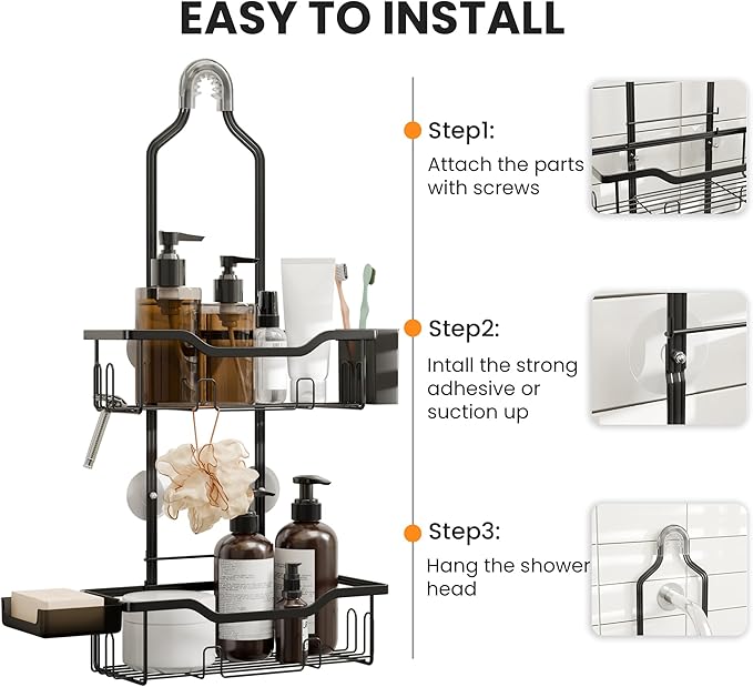 Hanging Shower Caddy Over Showerhead,2 Tier Rustproof Bathroom Shower Organizer, No Drill Shower Rack with Soap Dish, Toothbrush Holder and 12 Hooks,Black