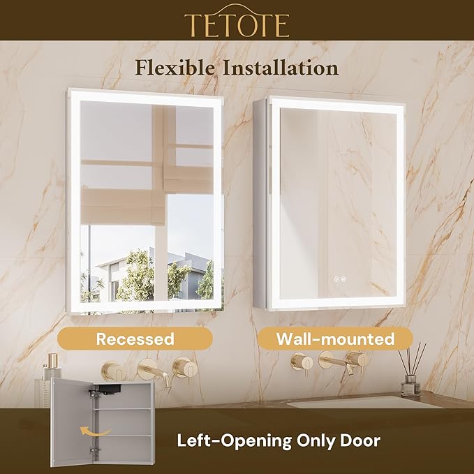TETOTE 48 x 32 Lighted Bathroom Medicine Cabinet with Adjustable Shelves, Silver Aluminum Cabinet, Anti-Fog Stepless Dimmable 3 Colors White/Warm/Natural, Easy to Install(Wall Mount/Recessed)