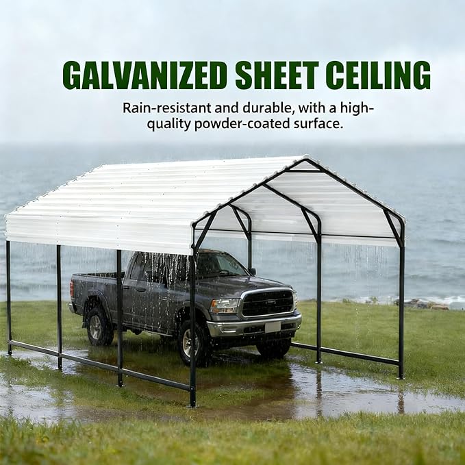 12x20ft Carport Outdoor Heavy Duty Metal Carport Canopy Steel Roof All-Weather Multi-Use Garage Shelter for Car, Boat, Tractor and Truck