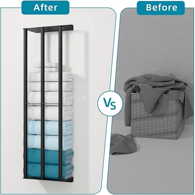 Towel Racks for Bathroom 31 Inch - Wall Mounted, Solid 2 Metal Shelves and 3 Vertical Bars, Can Holds 6 Large Rolled Bath Towels - for Modern Decor Bathroom Towel Storage (Matte Black)