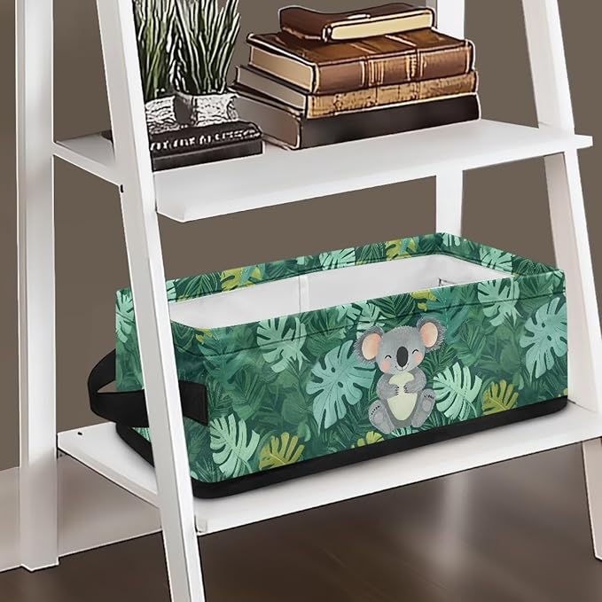 Small Bathroom Basket Toilet Tank Topper Paper Basket Fabric Bin Shelf Multi-purpose Storage Basket Caddy with Handles for Bathroom Counter, Koala Tropical Monstera Leaf Green