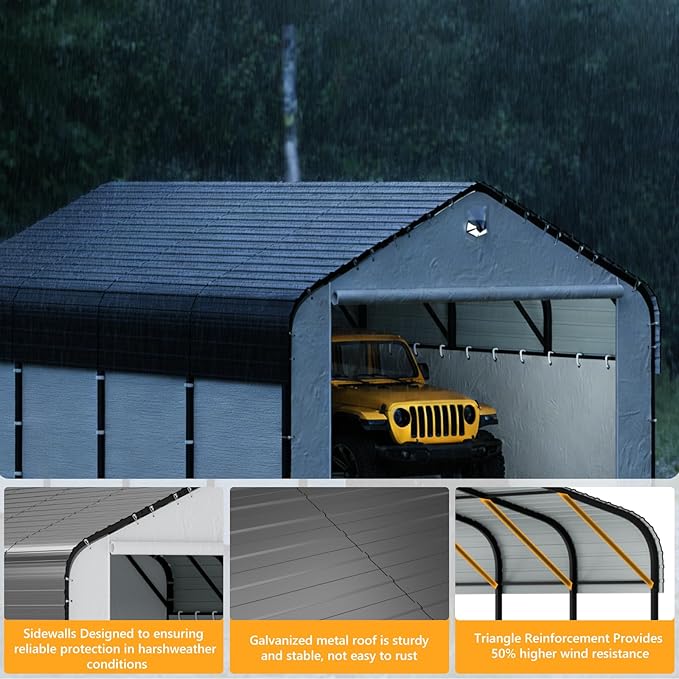 12x20 Metal Carport, Heavy Duty 2-Car Carport Canopy, CarPorts with Removable Polyethylene Sidewalls, Galvanized Steel Roof Car Tent Garage