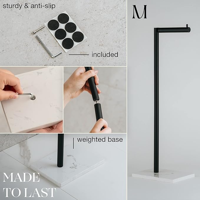 MARMOLUX ACC Free Standing Matte Black Toilet Paper Holder Stand White Marble Base and Storage - 4 Jumbo Roll Bathroom Hardware Toilet Tissue Organizer - Stainless Steel Bathroom Decor Accessory