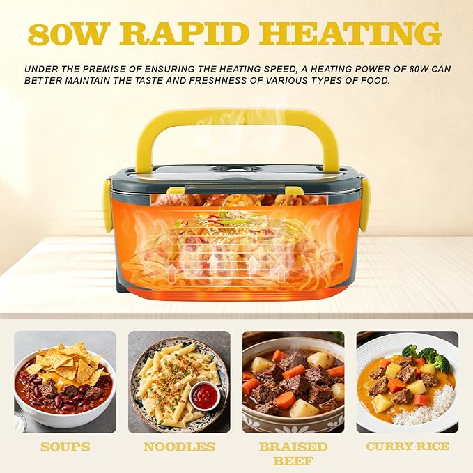 Buddew Electric Lunch Box 80W Food Heater for Adults, 12/24/110V Portable Lunch Warmer Upgraded Heated Lunch Box for Car/Truck/Office with SS Fork&Spoon and Insulated Carry Bag(Yellow)