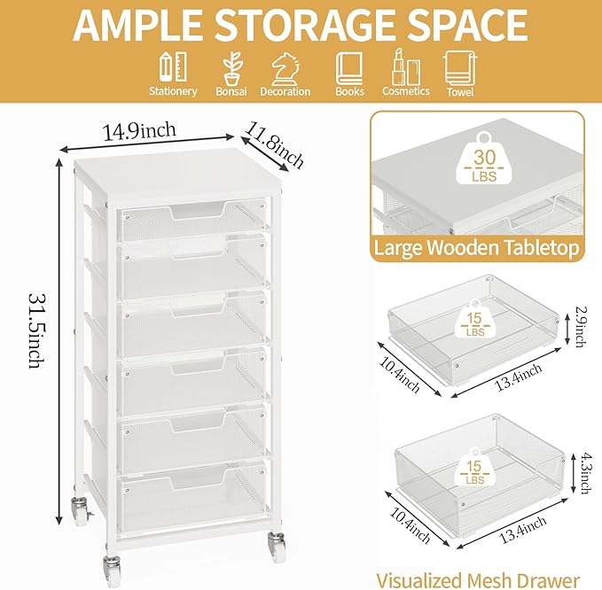 6 Drawers Utility Cart, Rolling Storage Cart with Wooden Tabletop, Storage Drawer Cart on Lockable Wheels, Craft Cart for Bedroom, Classroom, Office, White