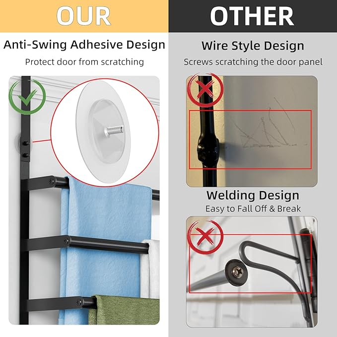 Over The Door Towel Rack, Over Door Towel Racks for Bathroom Door with 5 Hooks, 3 Tier Towel Storage Hanger Holder for Bathroom Accessories, 16 Inch Towel Bar for Hanging Towels, Matte Black