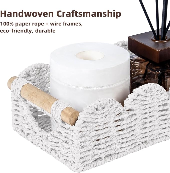 CubesLand Bathroom Basket Organizer w/Cut Out Handle, Back of Toilet Paper Storage Baskets Tray for Bathroom Countertop Decorative, Scalloped Wicker Basket Also for Home Decor, Living Room, White