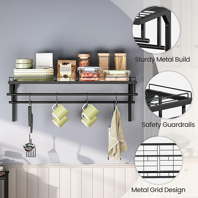 Hanging Pot Rack, Wall-Mounted Pot Rack, Kitchen Cookware Organizer, Metal Pot and pan Organizer Holder, for Cookware, Utensils Organization, Black TPR38BB