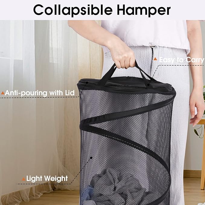 BATTOO Collapsible Laundry Basket with Lid Foldable Mesh Pop Up Hamper with Handles for Laundry Room, Bathroom, Kids Room, College Dorm, Travel, Storage Organizer Black