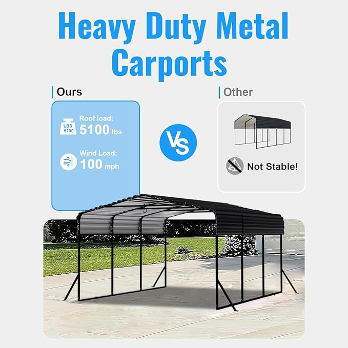 10x15FT Metal Carport, Heavy Duty Carport with Reinforced Frame & Side Support Poles for All-Weather, Outdoor Car Port Suitable for Parking Pickup, Boat, Car, and Tractor
